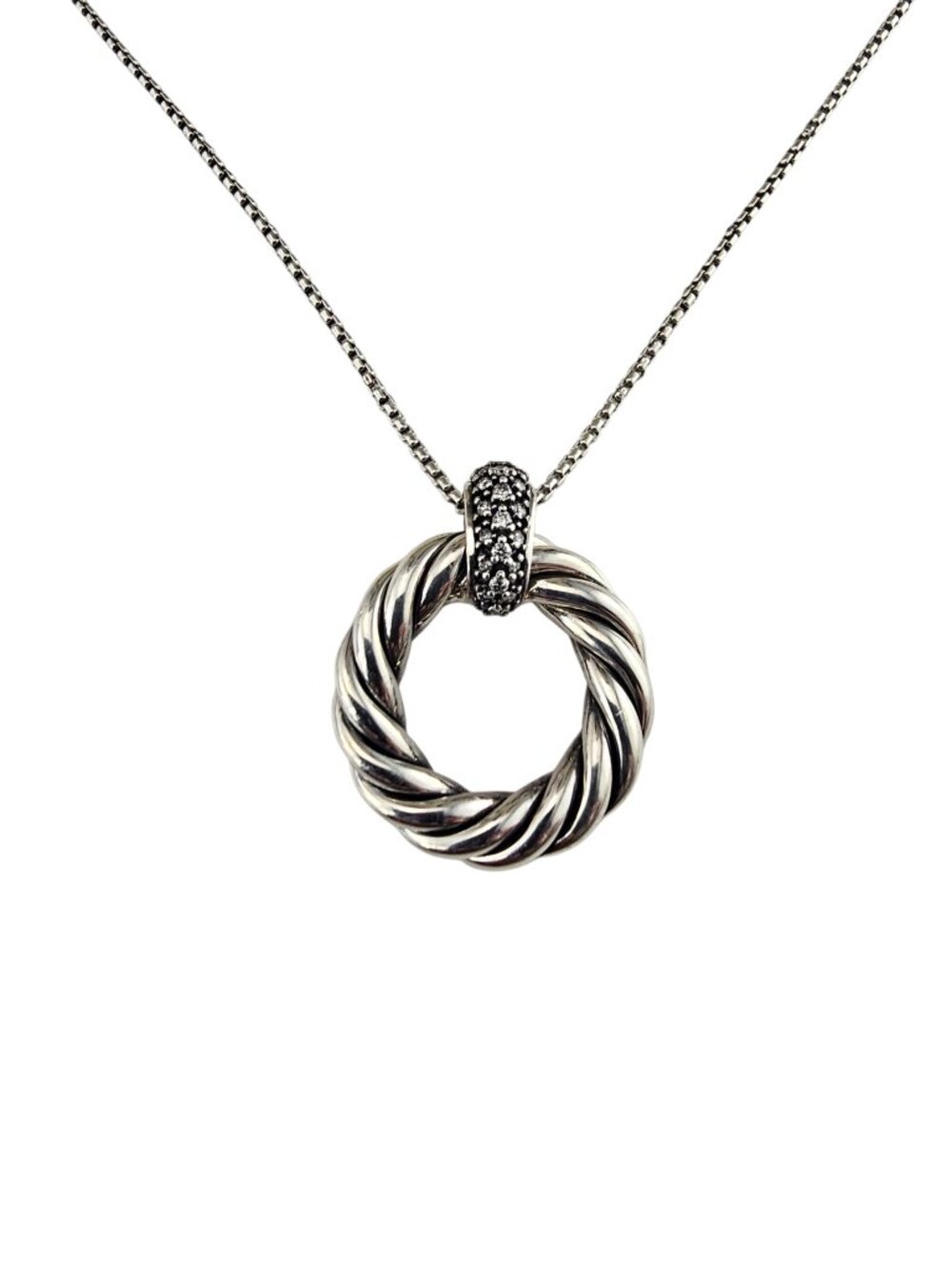 David Yurman Sterling Silver Diamond Cable Circle Pendant Necklace #25909
